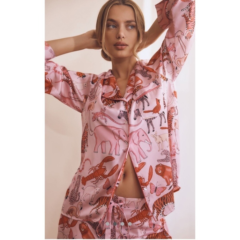 Anthropologie Karen Mabon Animal Pink Pajamas Set Size Large Top & Bottom - Picture 4 of 8